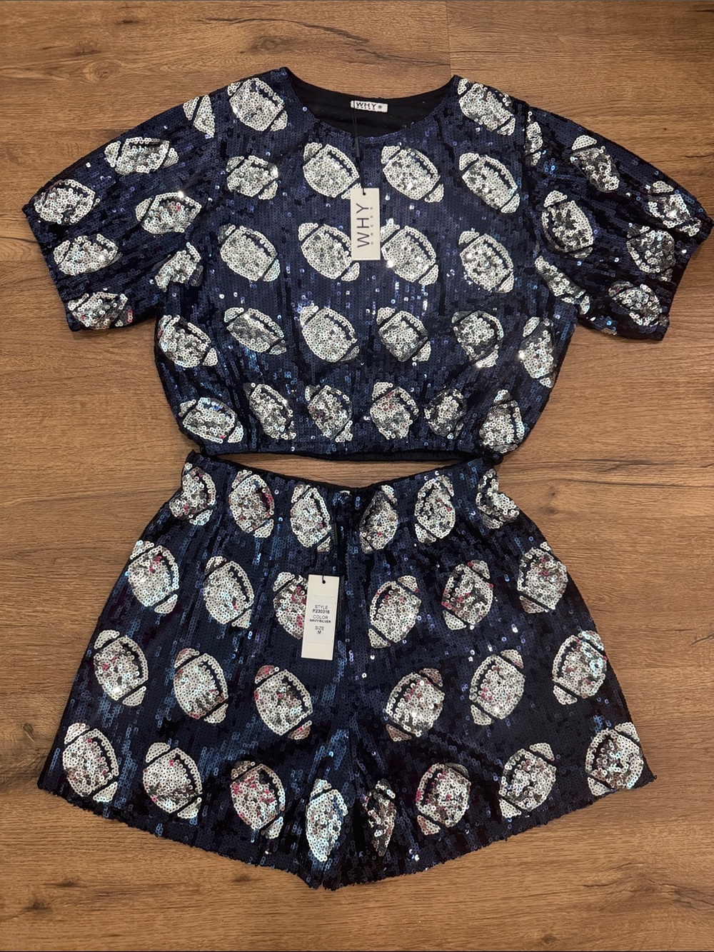 NWT QUEEN OF SPARKLES Navy Sequin Crop Top & Shorts Set with Silver Accents